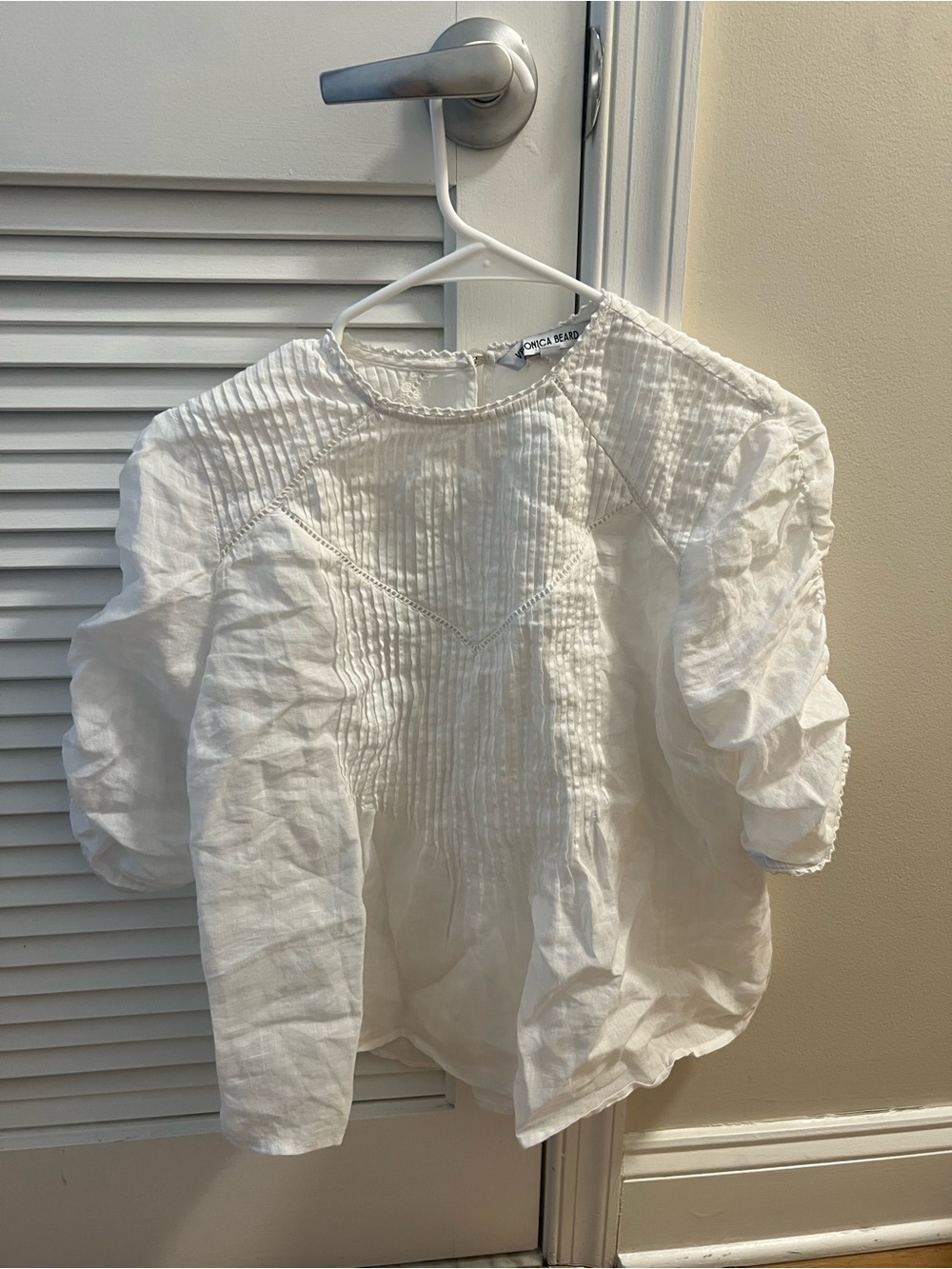 Veronica Beard White Puff-Sleeve Pintuck Blouse